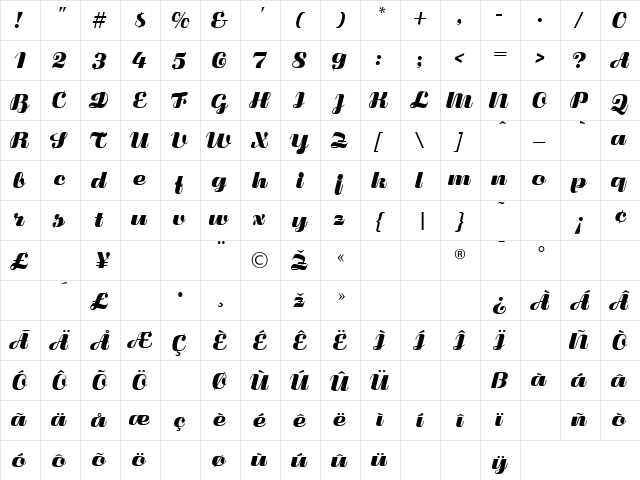 Fluidum Bold Regular  glyph index