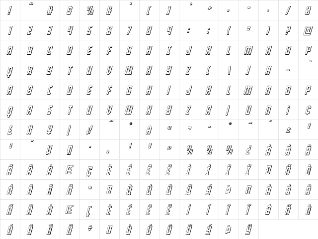 Young Patriot 3D Italic Italic  glyph index