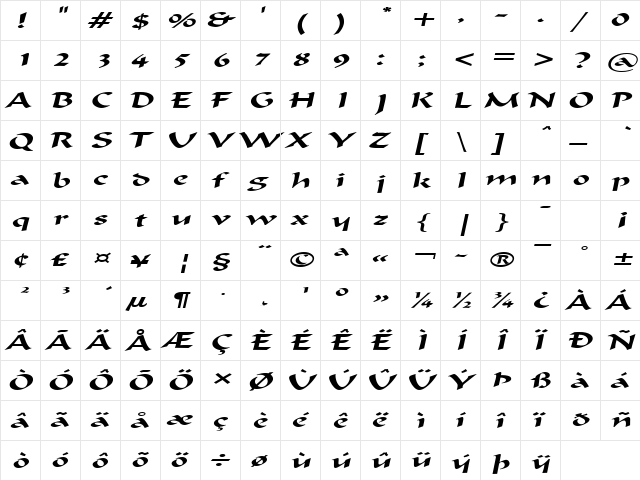 Flat Brush Extended Italic  glyph index