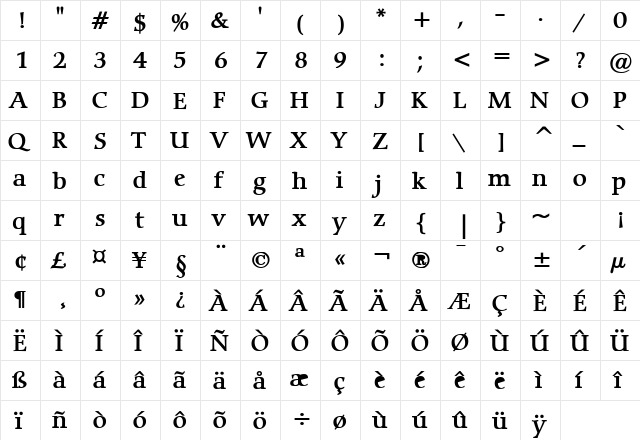 Carmine Bold  glyph index
