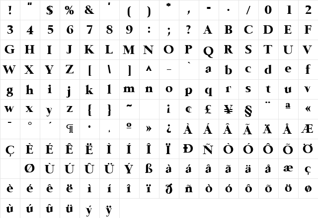 Bering Regular  glyph index