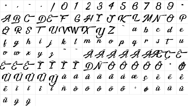 Malibu Babylon Regular  glyph index