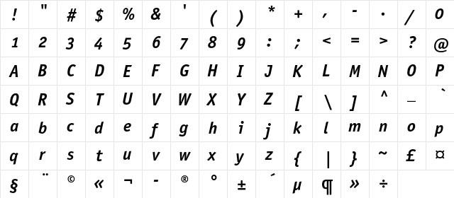 OfficinaSansBoldOSC Italic  glyph index