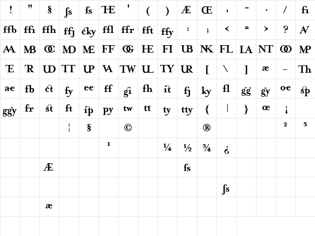 MrsEavesJustLig Bold  glyph index