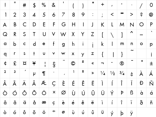 Function Regular  glyph index