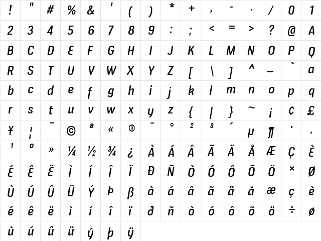 Veriox Italic  glyph index