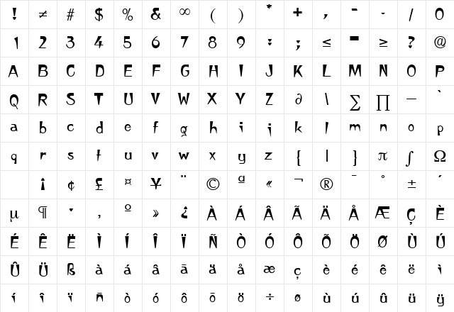 Japanette DB Medium  glyph index