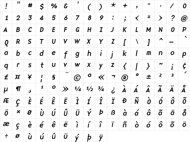 BaseNine Italic  glyph index