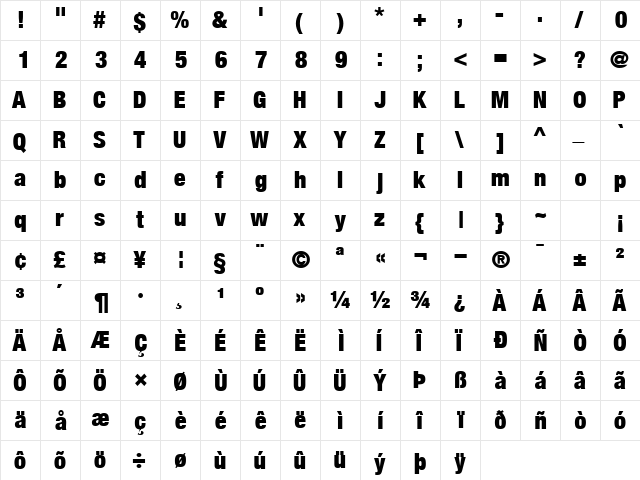 ContextRepriseBlackCondSSK Bold  glyph index