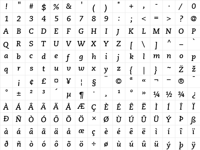 Caecilia LT BoldItalic Regular  glyph index