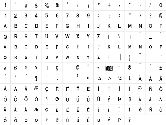 GraverplateNarrow Bold  glyph index