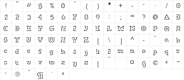 DublonBrusLightC Regular  glyph index