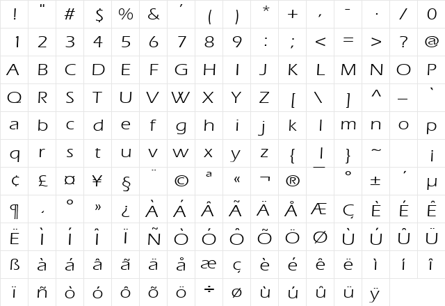 Eric Wide Normal  glyph index