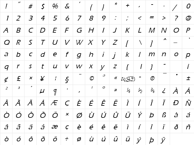 Ergoe-Mild Italic  glyph index