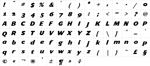 ArtemiusSans SN Black Italic  glyph index