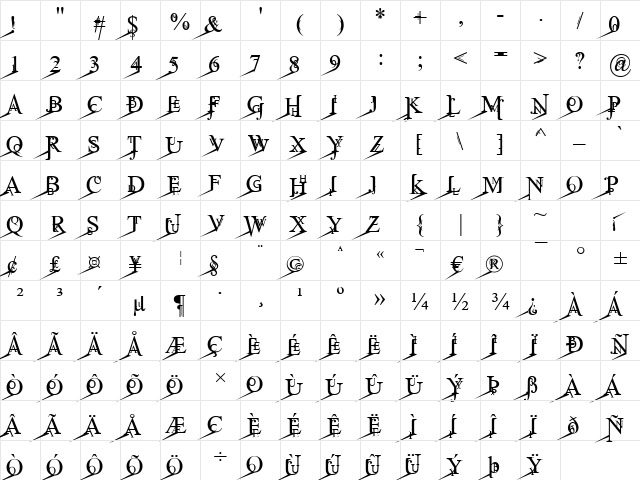 Jean Splice LoLeft Regular  glyph index
