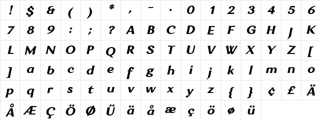 Enzia Black Italic  glyph index