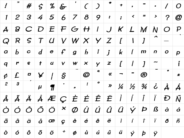 Crayon-Extended Bold Italic  glyph index