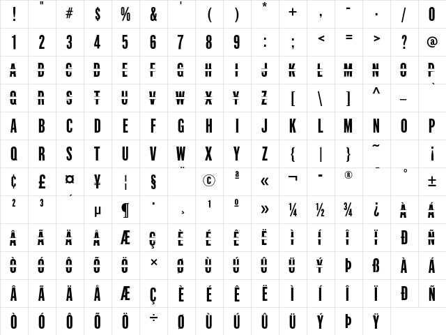 Industrial Gothic Banner Std Regular  glyph index