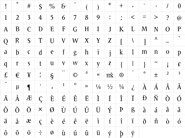 Carissma Regular  glyph index