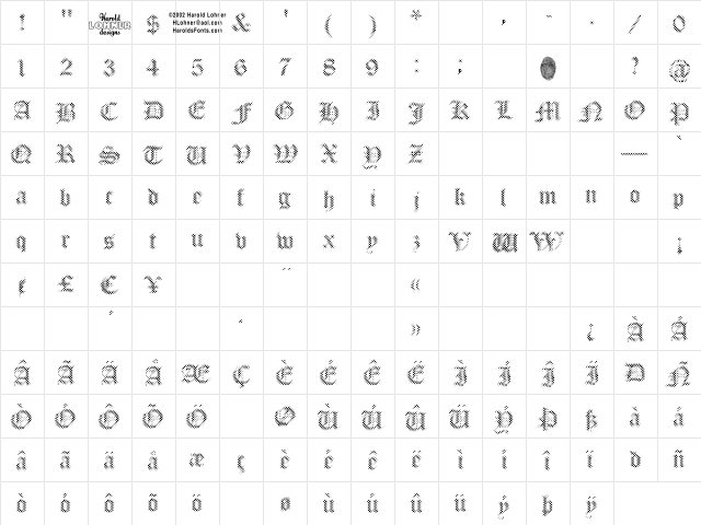 PalimpsestLight Regular  glyph index