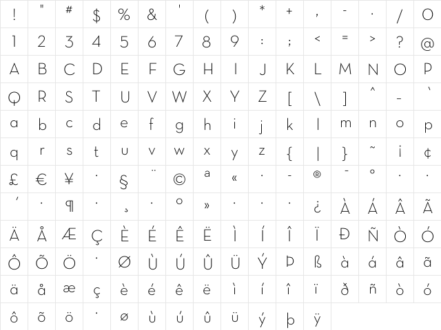 Neutra Text Light Alt Regular  glyph index