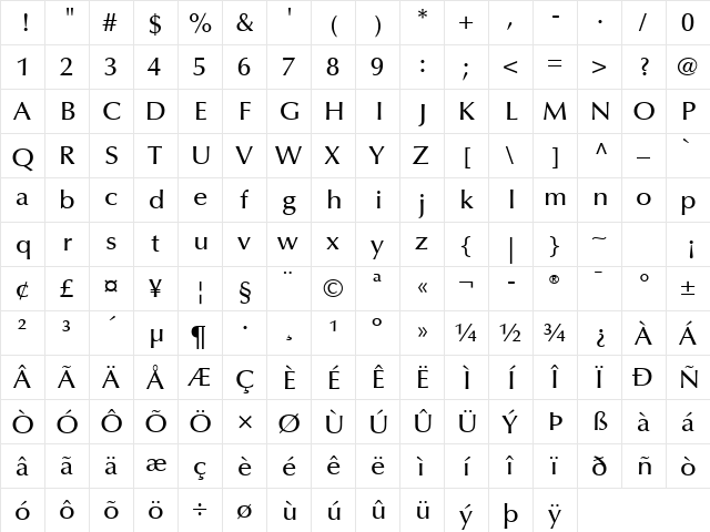 Optima LT Std Medium Medium  glyph index