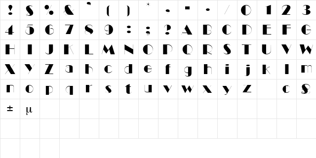 BlackTieDisplaySSK Regular  glyph index