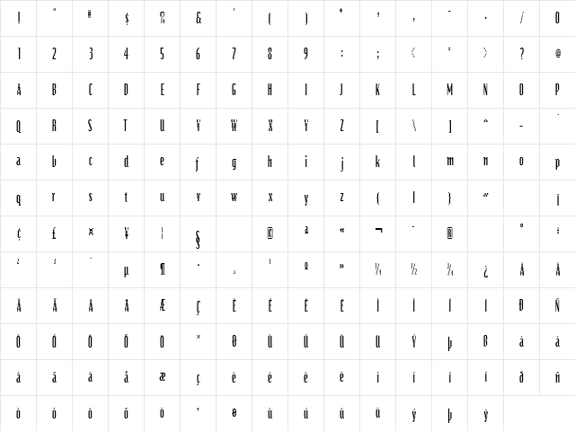 BitsCondensed Regular  glyph index