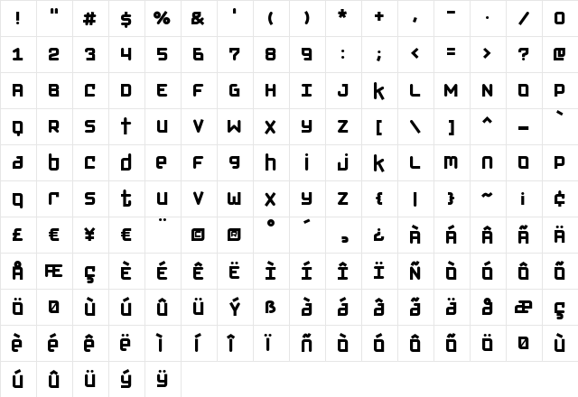 Klondike Bold Regular  glyph index