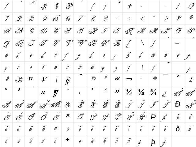 Engaged Bold  glyph index