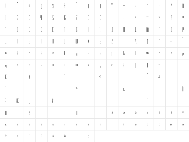 PCCalamero Regular  glyph index