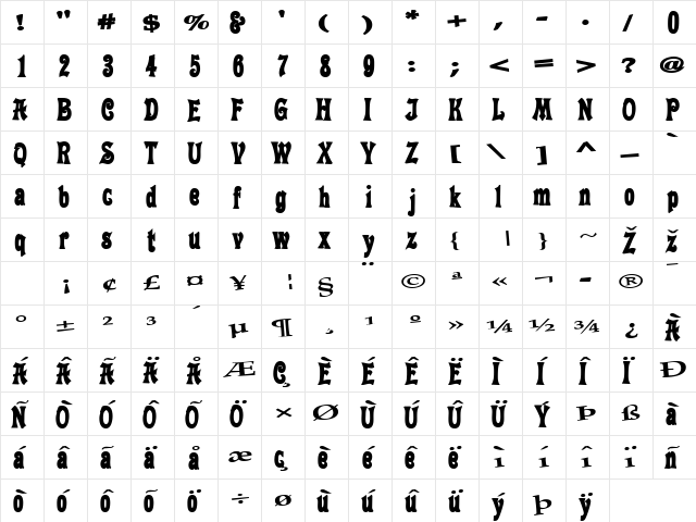 ALIBI Regular  glyph index