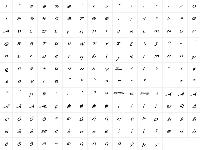 Arilon Expanded Italic Expanded Italic  glyph index