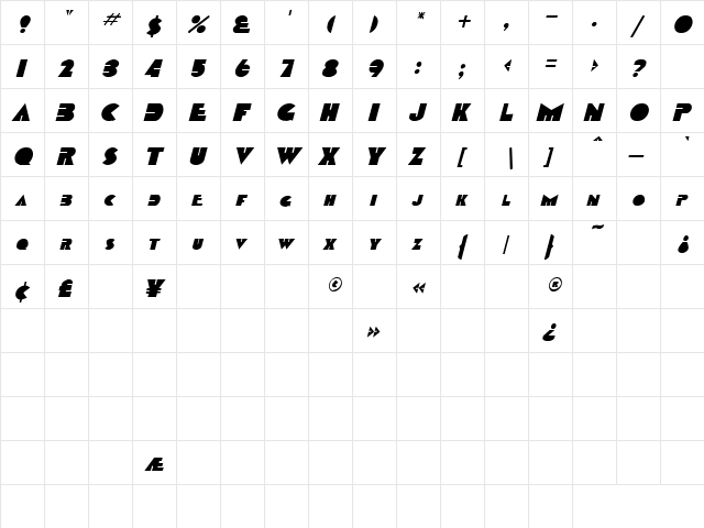 Rebel 2 Italic  glyph index