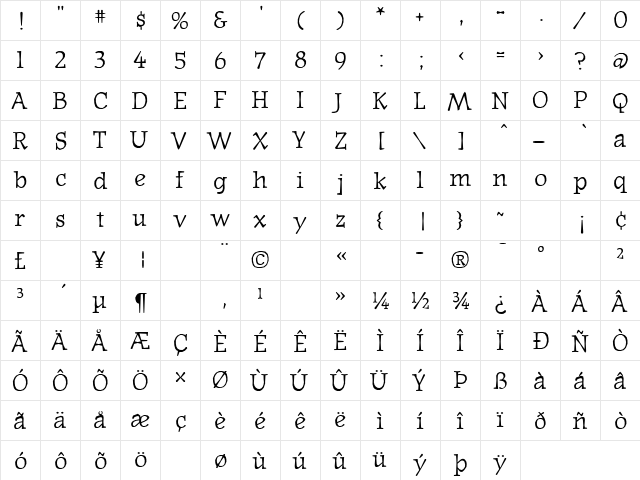 JournalTextLining Regular  glyph index