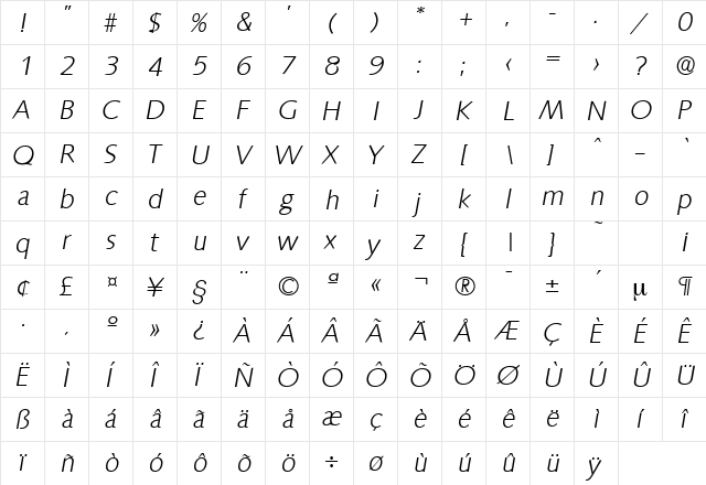 Saxony-Serial-Light RegularItalic  glyph index