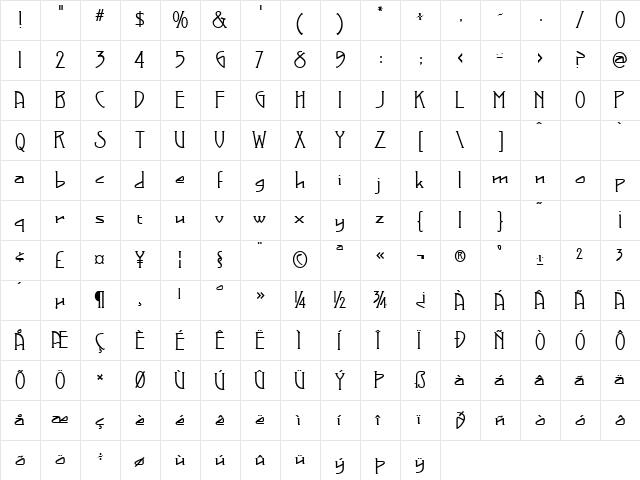 Bonham Regular  glyph index
