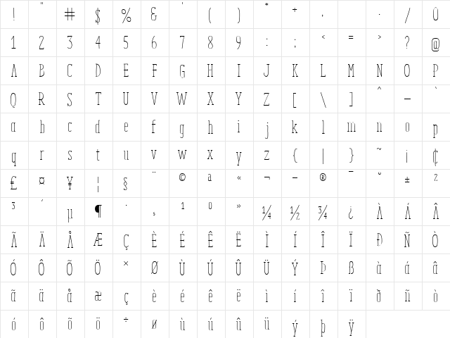 Enyo Slab Light  glyph index