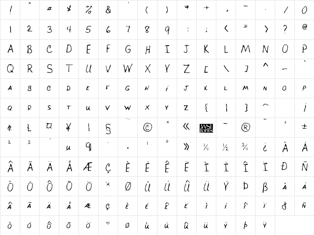BrucesHand Regular  glyph index
