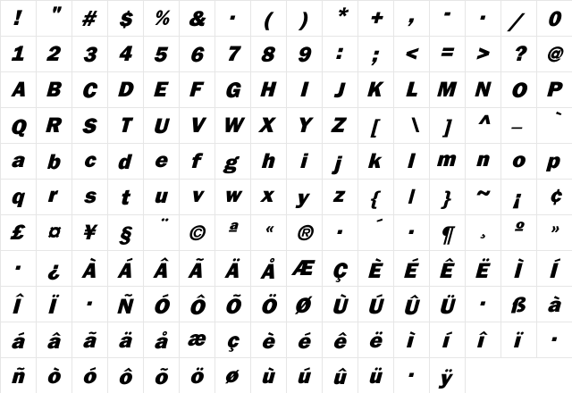 Gothhevy-Italic Regular  glyph index