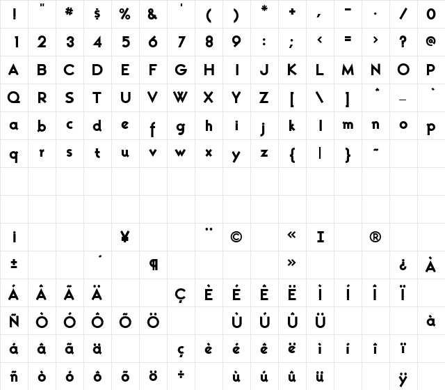 Simplix D V Bold  glyph index
