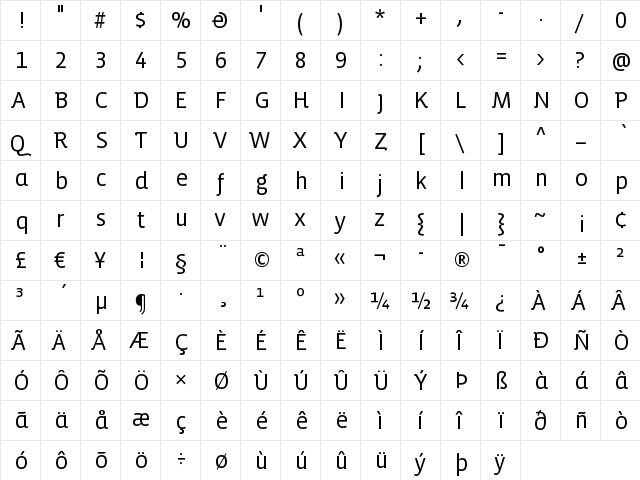 VistaSansAltBook Regular  glyph index