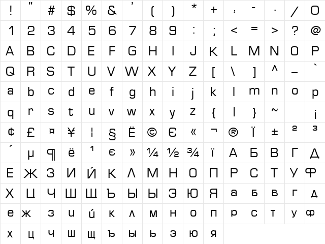EuroUkr Regular  glyph index
