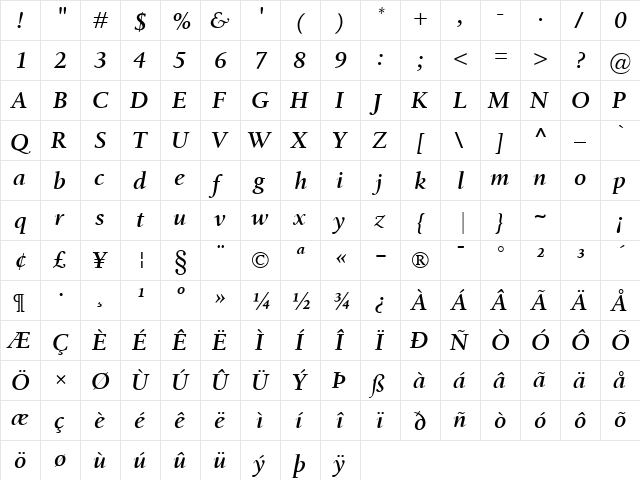 Birka SemiBold Italic  glyph index