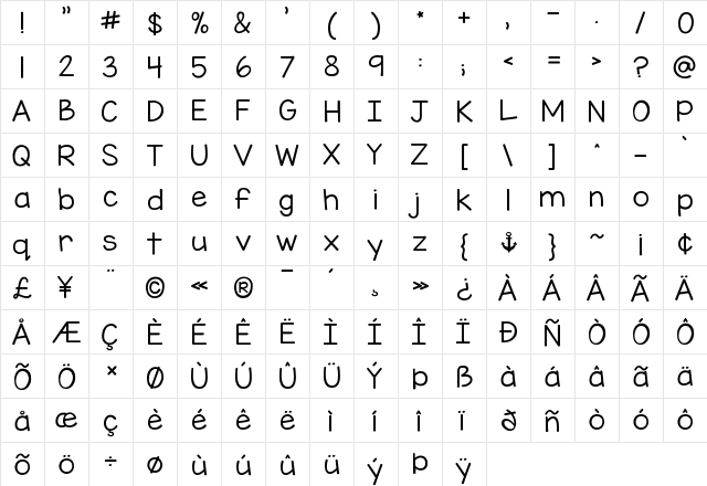KG Miss Kindergarten Regular  glyph index
