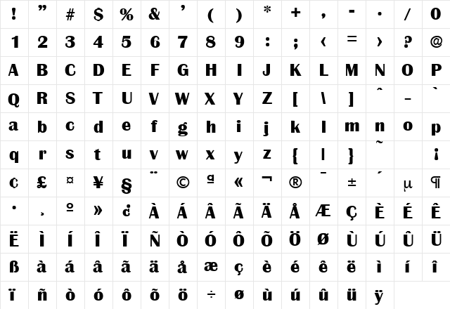 Grenoble-Serial-ExtraBold Regular  glyph index