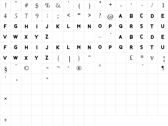 THREELIE Regular  glyph index