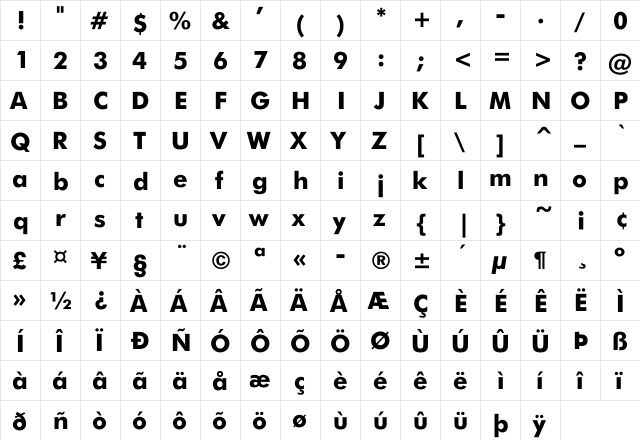 Jensen Black Regular  glyph index