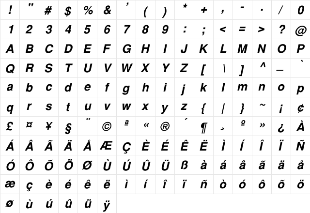 Holland  Bold Italic Italic  glyph index
